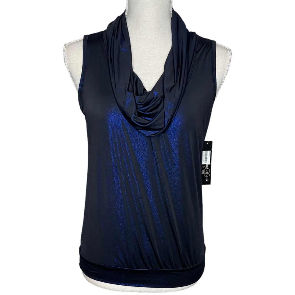 August Silk Petite Cowl Neck Tank Top Blue Black Shimmer Size Petite Small NWT